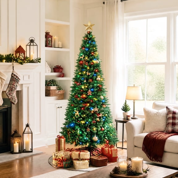 JIOABL 4.5FT Pre-Lit Fraser Fir Pencil Artificial Christmas Tree, Premium Multicolor LED Lights