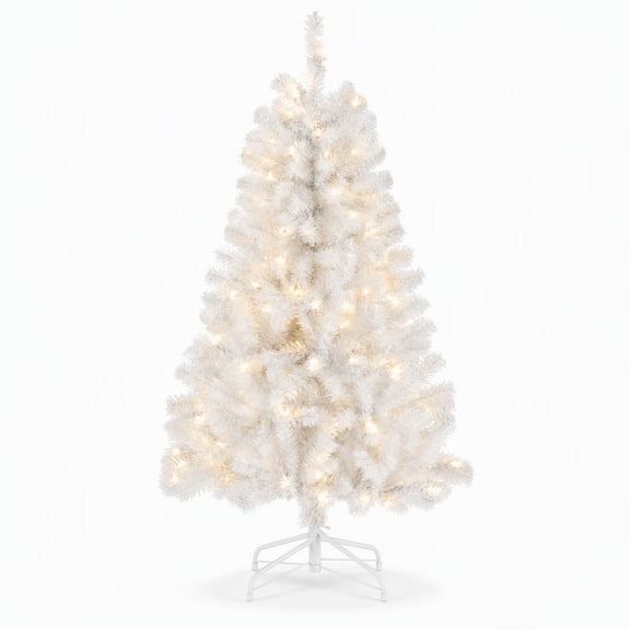 JIOABL 4.5ft Pre-Lit Artificial Christmas Tree, Pre Strung LED Lights, Indoor Xmas Holiday Decor with Metal Stand, White