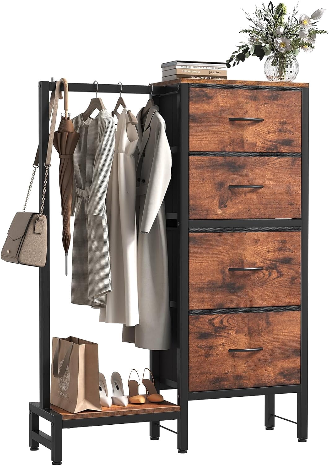 JIOABL 4 Drawer Dresser with Hanging Rack, Steel Frame, Fabric Drawers, Tall Storage Organizer for Bedroom, Rustic Brown