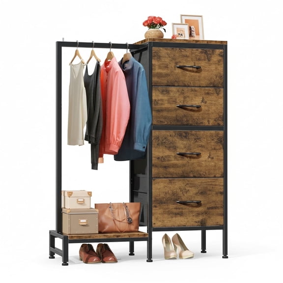 JIOABL 4 Drawer Dresser with Hanging Rack, Steel Frame, Fabric Drawers, Tall Storage Organizer for Bedroom, Rustic Brown