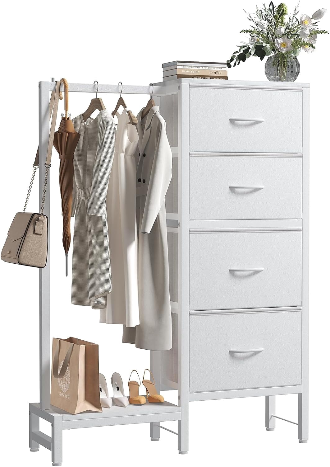 JIOABL 4 Drawer Dresser with Hanging Rack, Steel Frame, Fabric Drawers, Tall Storage Organizer for Bedroom, White