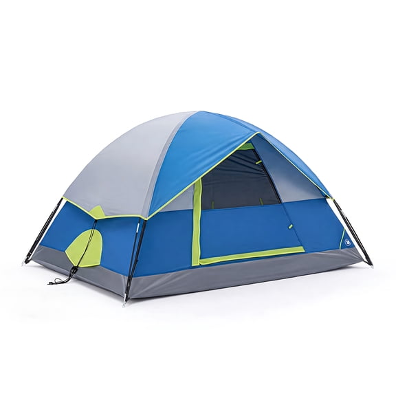 JIOABL 4 Person Dome Camping Tent with Rainfly, Waterproof Polyester, Ventilated Windows and Skylights, Easy Setup, Portable, Navy Blue