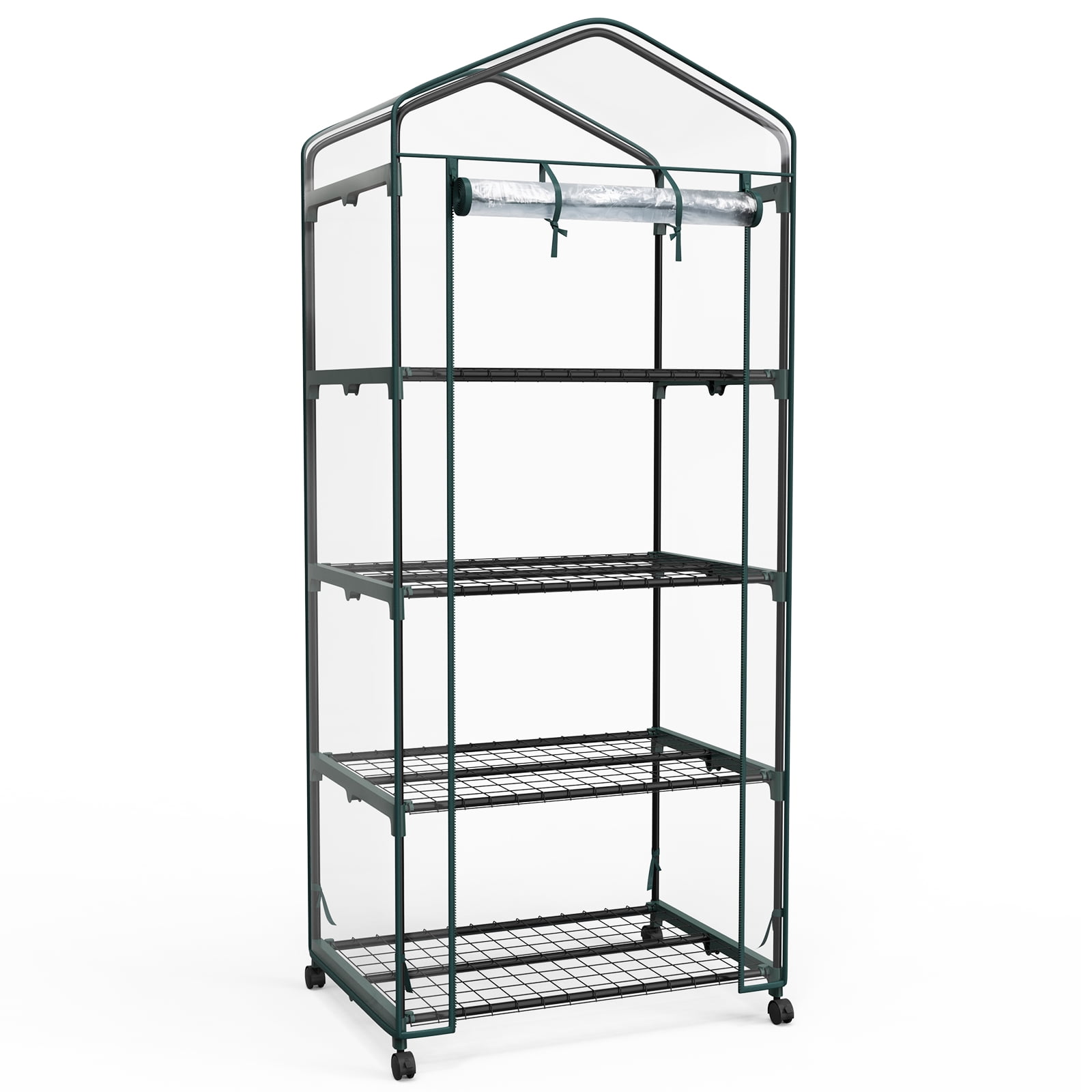 JIOABL 4-Tier Mini Greenhouse with Clear PVC Cover & Wheels, Portable Plant Grow House with Zipper Door, Steel Frame for Indoor & Outdoor Garden, Clear