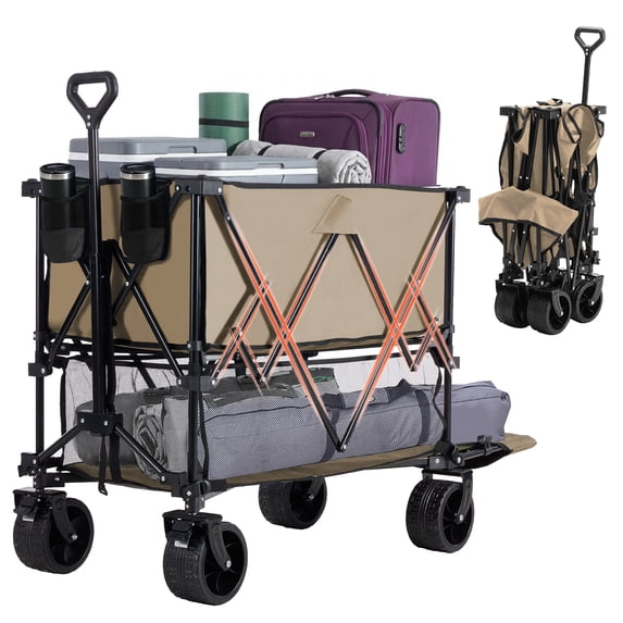 JIOABL 400L Double-Decker Folding Wagon Cart with 440lbs Capacity, 54" Extender, All-Terrain Wheels & Brakes, Gray
