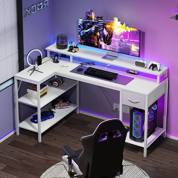 JIOABL 47" L Shaped Computer Gaming Desk with USB Charging Ports & LED Lights, Reversible Corner Table with Power Outlets Monitor Stand for Home Office, White