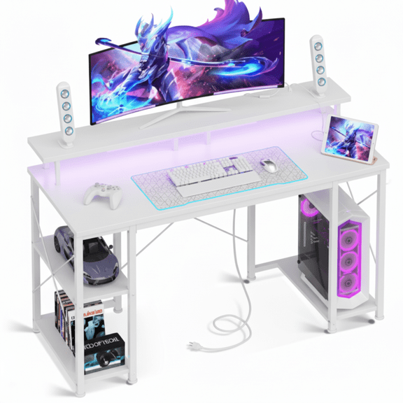 JIOABL 48 inch Gaming Desk with LED Lights & Power Outlets, Computer Desk with Monitor Stand, APP Control & Headphone Hook, White