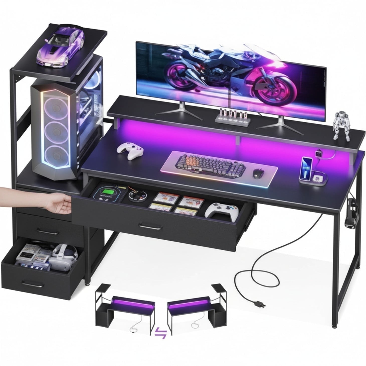 JIOABL 52" Gaming Desk with RGB LED, Built-in Charging Station, Ergonomic Monitor Stand, Storage Drawers, Reversible Shelf, for Teens & Adults, Black