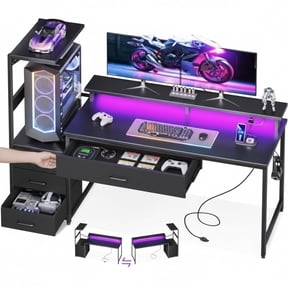 JIOABL 52" Gaming Desk with RGB LED, Built-in Charging Station, Ergonomic Monitor Stand, Storage Drawers, Reversible Shelf, for Teens & Adults, Black