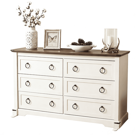 JIOABL 54" Vintage Farmhouse 6-Drawer Wood Dresser – Wide Chest with Solid Wood Build, Multi-Room Storage Organizer, White