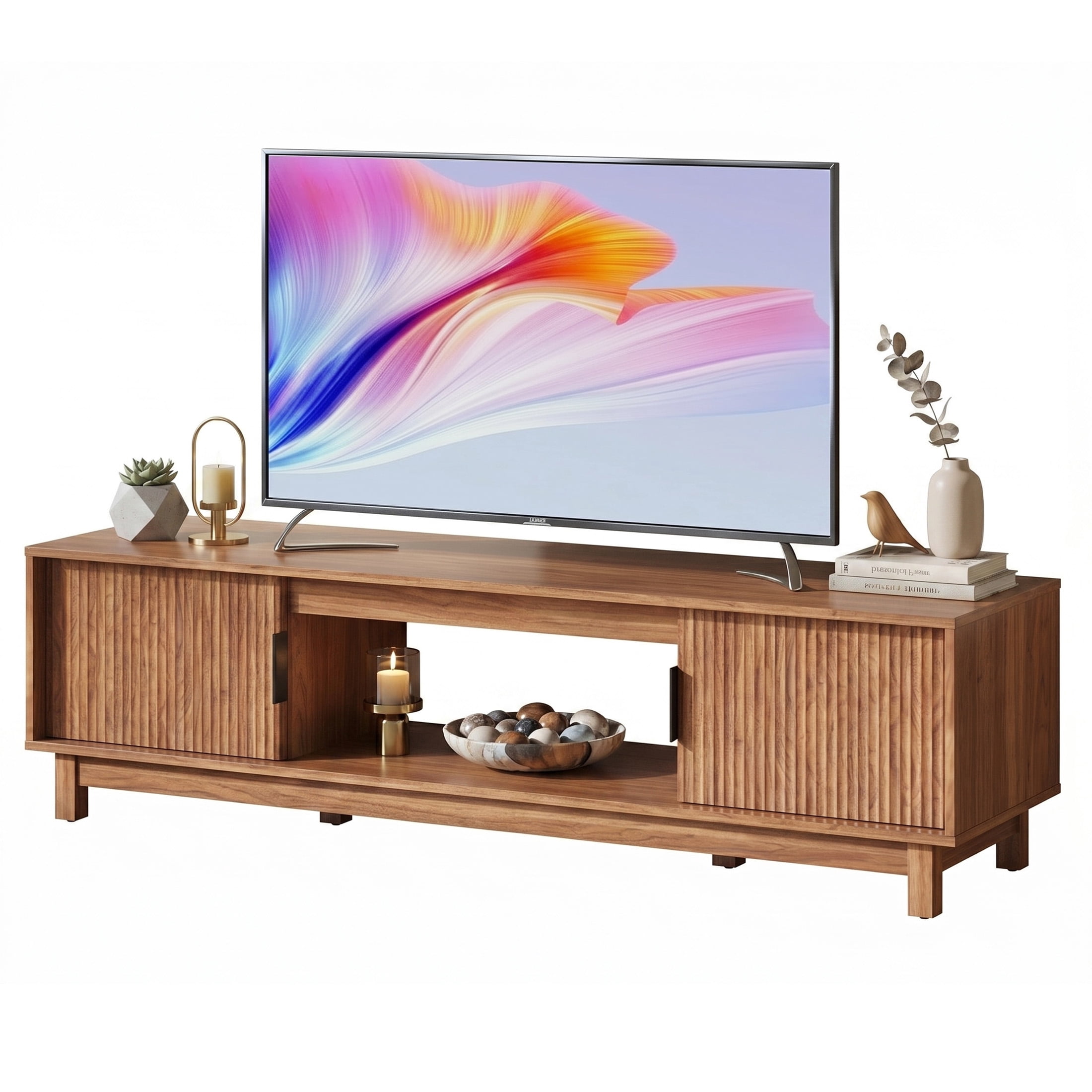 JIOABL 58" Rattan TV Stand, Wood Entertainment Center with Storage Cabinets & Cable Management Hole
