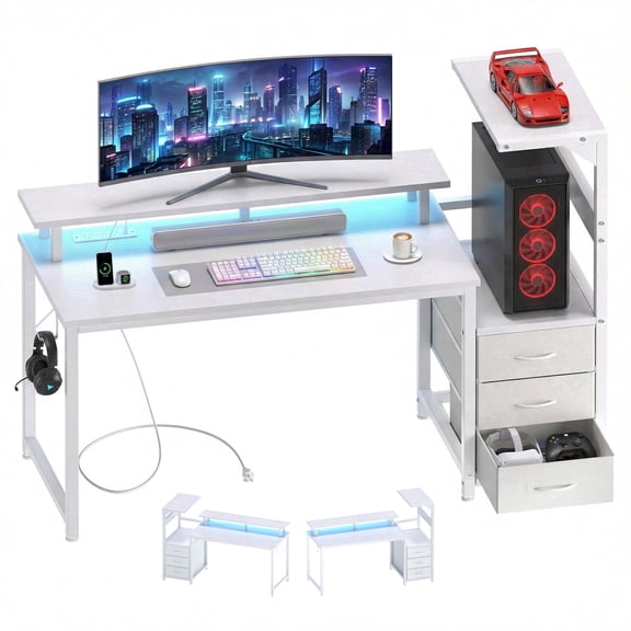 JIOABL 59" Gaming Desk with RGB LED, Built-in Charging Station, Ergonomic Monitor Stand, Storage Drawers, Reversible Shelf, for Teens & Adults, White