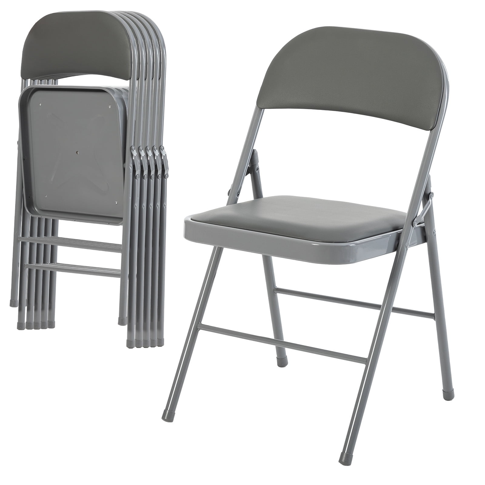 JIOABL 6 Folding Chairs, Sturdy Metal Frame, Waterproof Pu Leather, For Office, Kitchen, Dining Room, Weddings, Terrace, Garden, Gray