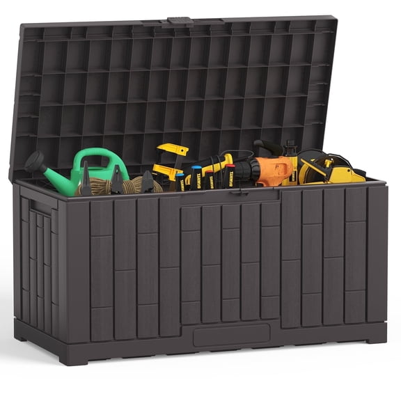JIOABL 60 Gallon Waterproof Deck Box, UV-Resistant Resin, Lockable with Handles, Ideal for Patio Cushions, Garden Tools & Pool Accessories, Brown