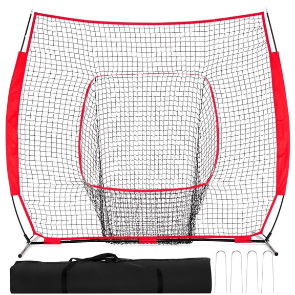 JIOABL 7 ft x 7 ft Baseball Practice Net with Bow Frame, Carry Bag & Strike Zone Target, for Hitting Pitching, Red
