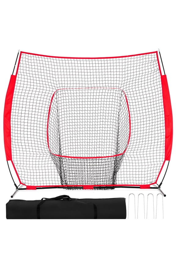 7 ft x 7 ft Baseball & Softball Practice Net with Bow Frame, Carry Bag & Strike Zone Target, for Hitting Pitching, Red