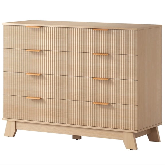 JIOABL 8 Drawer Wood Dresser with Fluted Panel Design, Modern Storage Cabinet for Bedroom, Living Room, Hallway, Natural Oak
