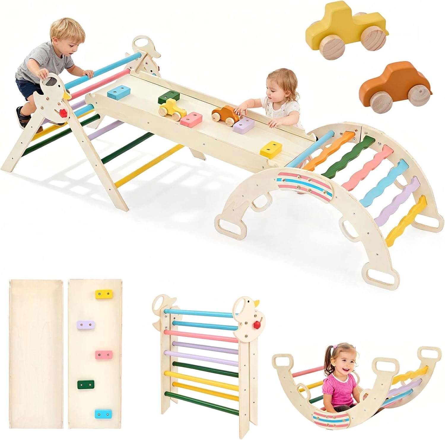 Stackable Play Ladders JIOABL 9-in-1 Wooden Playground Climber with Arch, Ramp, Ladder ...