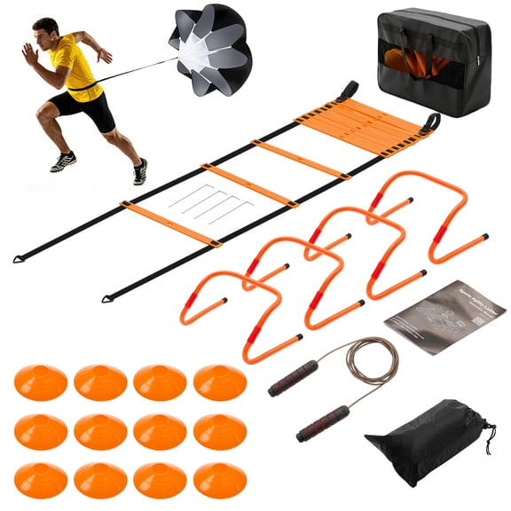 JIOABL Agility Ladder Training Set with Speed Parachute, Hurdles, Cones, Jump Rope for Soccer Football Speed & Agility, Orange