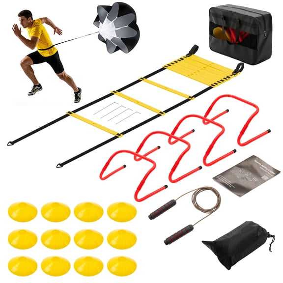 JIOABL Agility Ladder Training Set with Speed Parachute, Hurdles, Cones, Jump Rope for Soccer Football Speed & Agility, Yellow