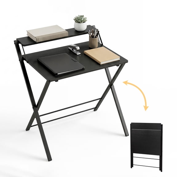 JIOABL No Assembly Folding Desk with Shelf – 2-Tier Compact Space-Saving Laptop Computer Table, Portable Study Workstation for Small Apartment, Dorm, Bedroom & Home Office, Black