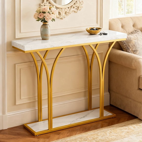 JIOABL Entryway Faux Marble-Top Hall Table Narrow Entrance Console Desk, White Gold