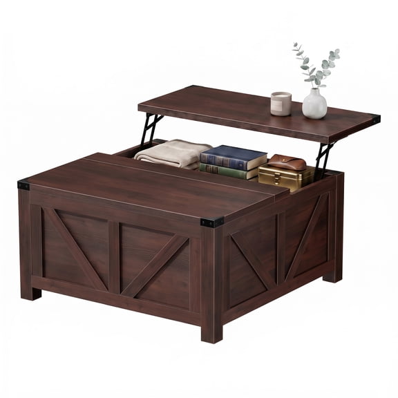 JIOABL Farmhouse Lift Top Coffee Table with Charging Station and Hidden Storage, Square Center Table for Living Room, Brown