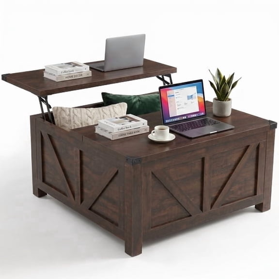 JIOABL Farmhouse Lift Top Coffee Table with Charging Station and Hidden Storage, Square Center Table for Living Room, Brown