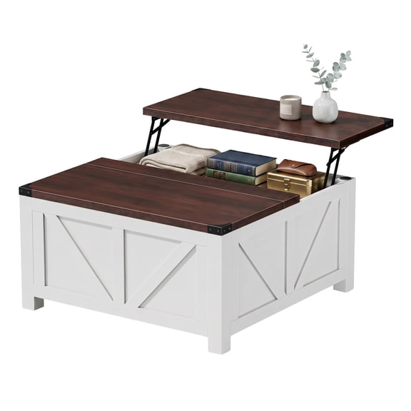 JIOABL Farmhouse Lift Top Coffee Table with Charging Station and Hidden Storage, Square Center Table for Living Room, White