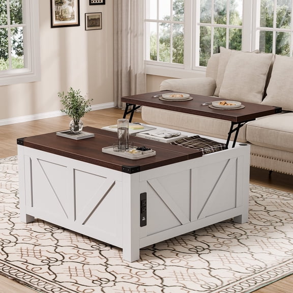 JIOABL Farmhouse Lift Top Coffee Table with Charging Station and Hidden Storage, Square Center Table for Living Room, White