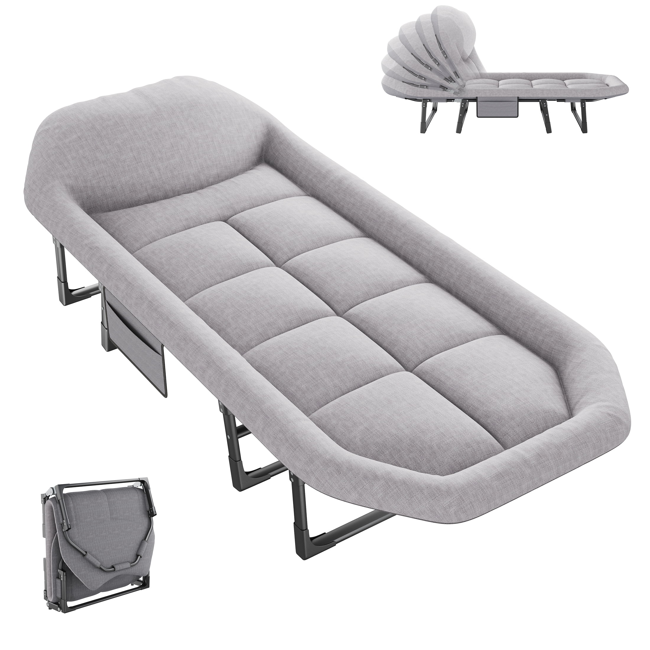 JIOABL Folding Camping Cot for Adults with Headrest & Mattress, 71 Inch Portable Sleeping Bed for Camping, Travel, Gray