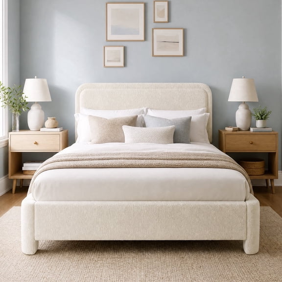 JIOABL Full Upholstered Platform Bed Frame with Adjustable Headboard, Teddy Fleece Fabric, No Box Spring Needed, White