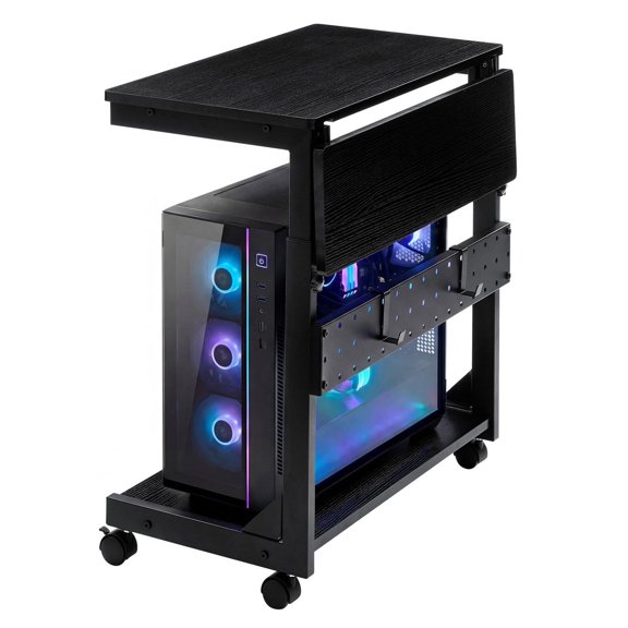 JIOABL Height Adjustable 2-Tier Computer Tower Stand with Folding Panel, Wheels, Pegboard & Mouse Pad, Black