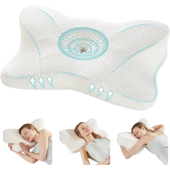 JIOABL King Size Ergonomic Contour Memory Foam Pillows, Cervical Neck Pillow with Cooling Case for Neck Pain Relief, White