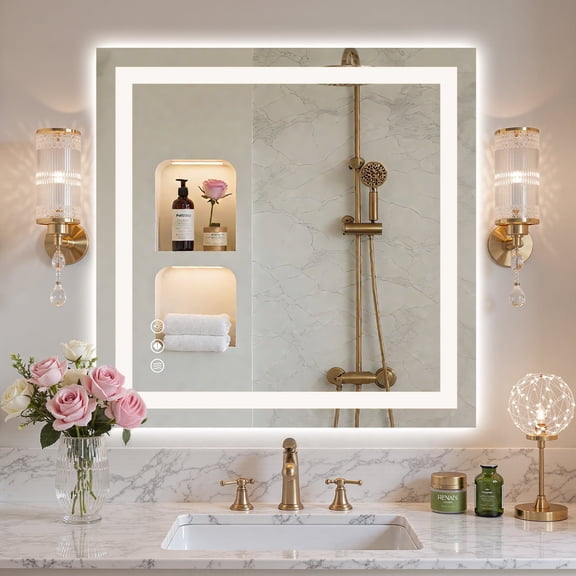 JIOABL LED Bathroom Mirror 36"x 36" with Stepless Dimmable Wall Mirrors with Anti-Fog, Vanity Mirror with 3 Color Modes, Shatter-Proof, Bathroom Mirror with LED Lights