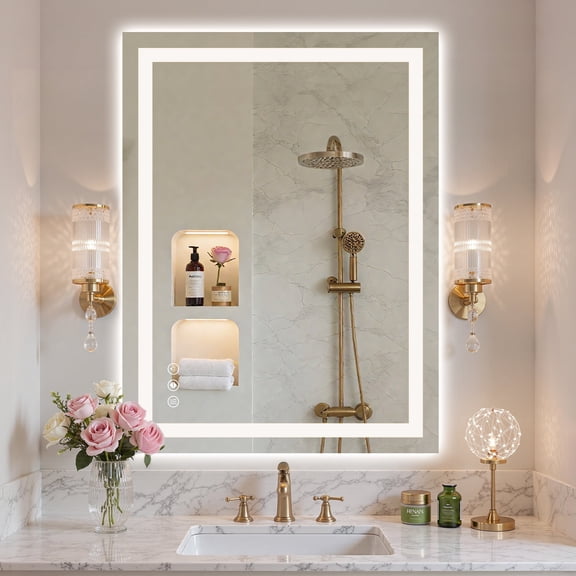 JIOABL LED Bathroom Mirror 36"x 48" with Stepless Dimmable Wall Mirrors with Anti-Fog, Vanity Mirror with 3 Color Modes, Shatter-Proof, Bathroom Mirror with LED Lights