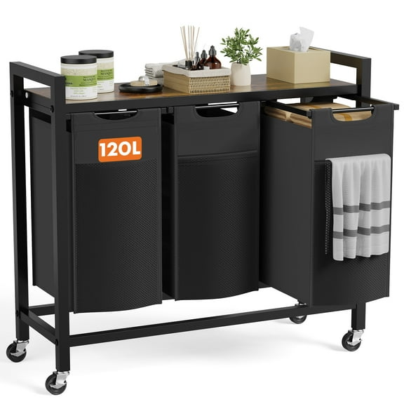 JIOABL Laundry Basket, Laundry Sorter with Shelf & 3 Pull-Out Removable Bags, Castors and Adjustable Feet, 3 x 10 Gallons (38 Liters) for Laundry Rooms, Bathrooms & Dorms