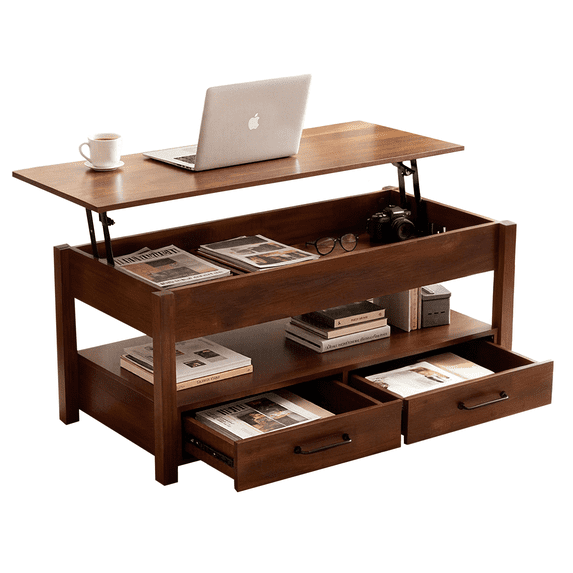 JIOABL Modern Lift-Top Coffee Table – Dual Drawers, Secret Storage Compartment, Brown