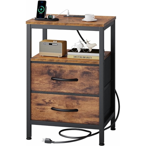 JIOABL 2 Drawer Nightstand with USB & Type-C Charging, Fabric Drawers, Metal Frame, Rustic Brown