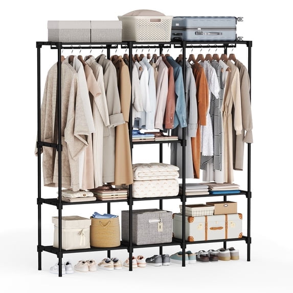 JIOABL Portable Clothes Rack with Shelves, Heavy Duty Garment Organizer, Freestanding Closet with Anti-Tip Kit for Bedroom Entryway, 72 inch, Black