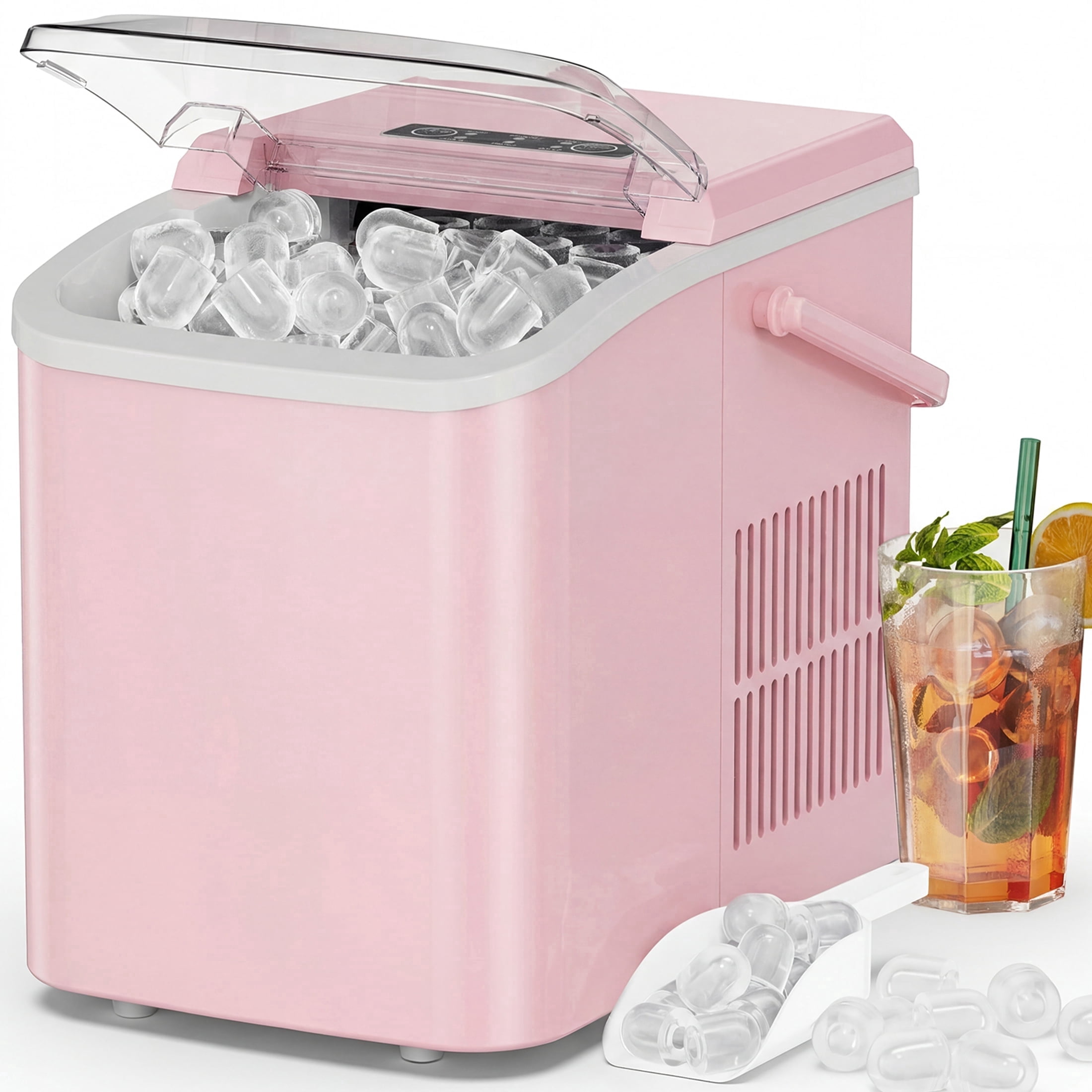 JIOABL Portable Countertop Ice Maker, Self-Cleaning, 9 Cubes in 6 Min, 26 lb/Day, 2L Tank, with Handle, Pink