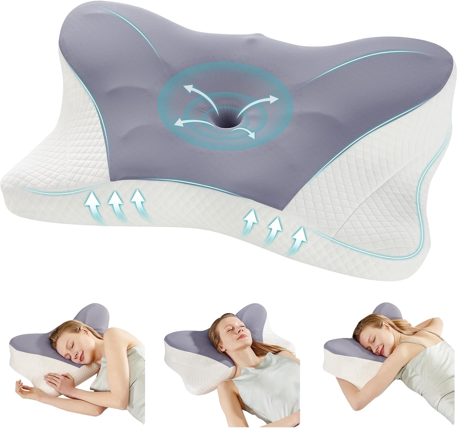 JIOABL Queen Size Ergonomic Contour Memory Foam Pillows, Cervical Neck Pillow with Cooling Case for Neck Pain Relief, Dark Gray