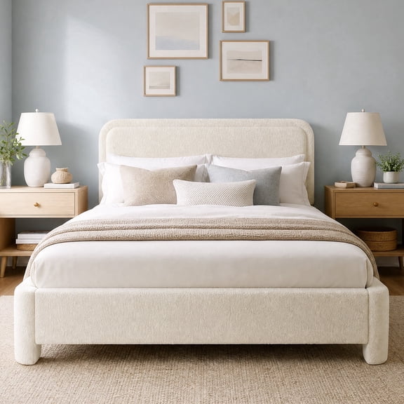 JIOABL Queen Upholstered Platform Bed Frame with Adjustable Headboard, Teddy Fleece Fabric, No Box Spring Needed, White