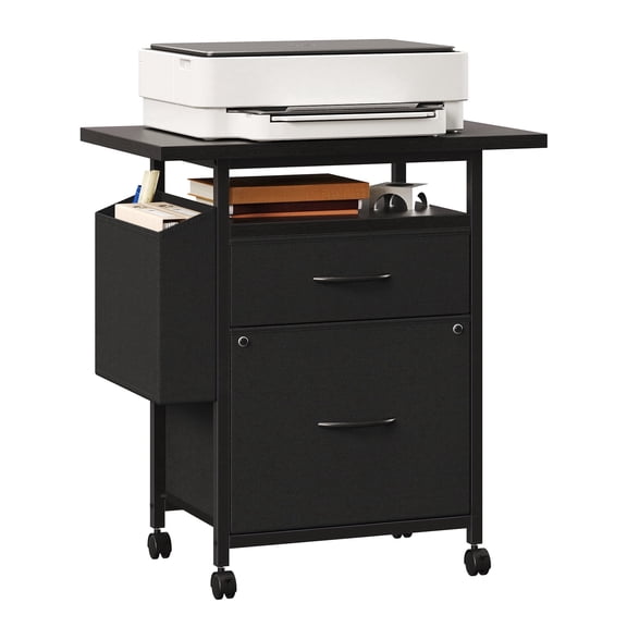 JIOABL Rolling Printer Stand with 2 Fabric Drawers, Storage Shelf, Side Organizer Bag and Lockable Wheels for Home Office, Black