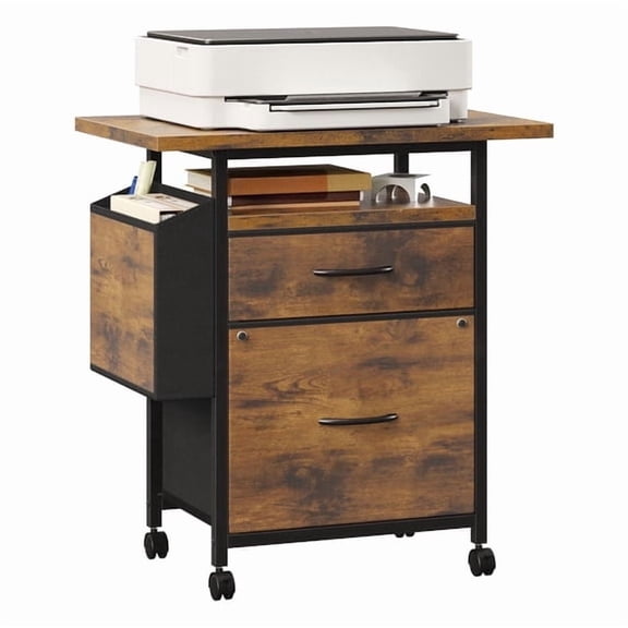 JIOABL Rolling Printer Stand with 2 Fabric Drawers, Storage Shelf, Side Organizer Bag and Lockable Wheels for Home Office, Rust
