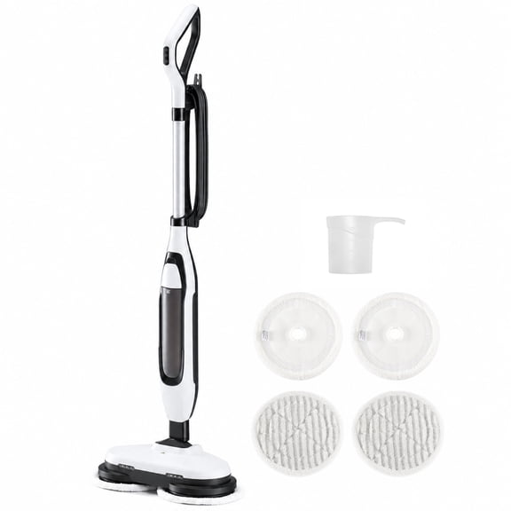 JIOABL Steam Mop with Dual Rotating Pads, Adjustable Steam Modes and LED Headlights for Sealed Hard Floors, White