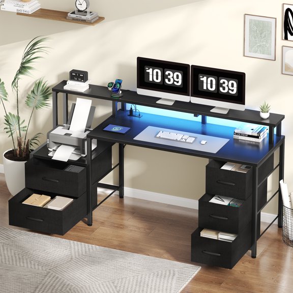 JIOABL Spacious 67'' Computer Workstation with 4 Drawers, Printer Nook & USB Power Outlet,Black