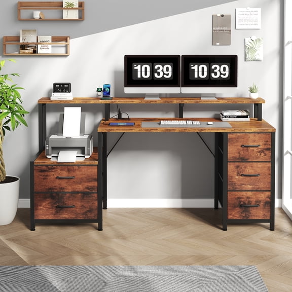 JIOABL Spacious 67'' Computer Workstation with 4 Drawers, Printer Nook & USB Power Outlet, Rust