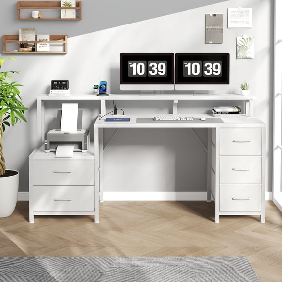 JIOABL Spacious 67'' Computer Workstation with 4 Drawers, Printer Nook & USB Power Outlet, White