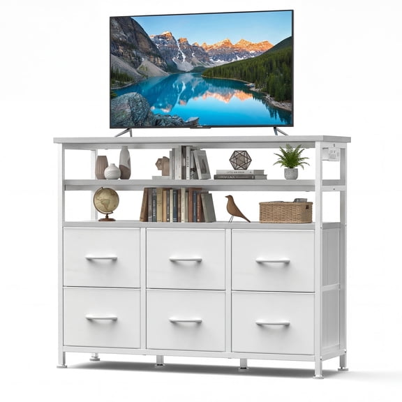 JIOABL TV Stand with 6 Fabric Drawers & Power Outlet, LED TV Console with USB & Type-C, Storage Dresser for Living Room, White