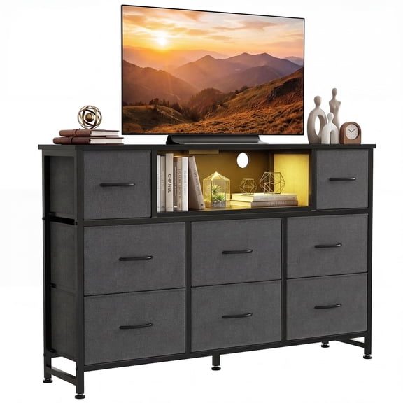 JIOABL TV Stand with 8 Fabric Drawers & Power Outlet, LED TV Console with USB & Type-C, Storage Dresser for Living Room, Gray